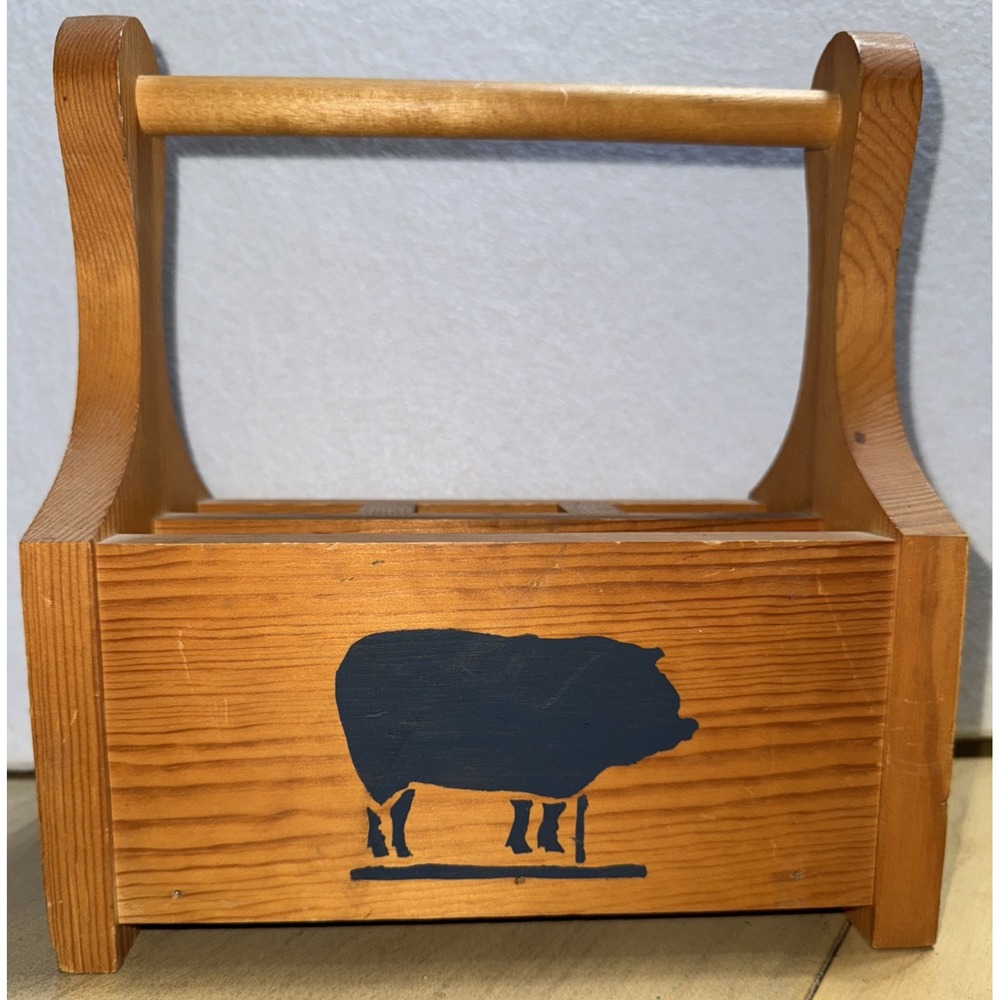 Vtg‎ Silverware Utensil Napkin Holder Caddy Solid Wood With A Pig